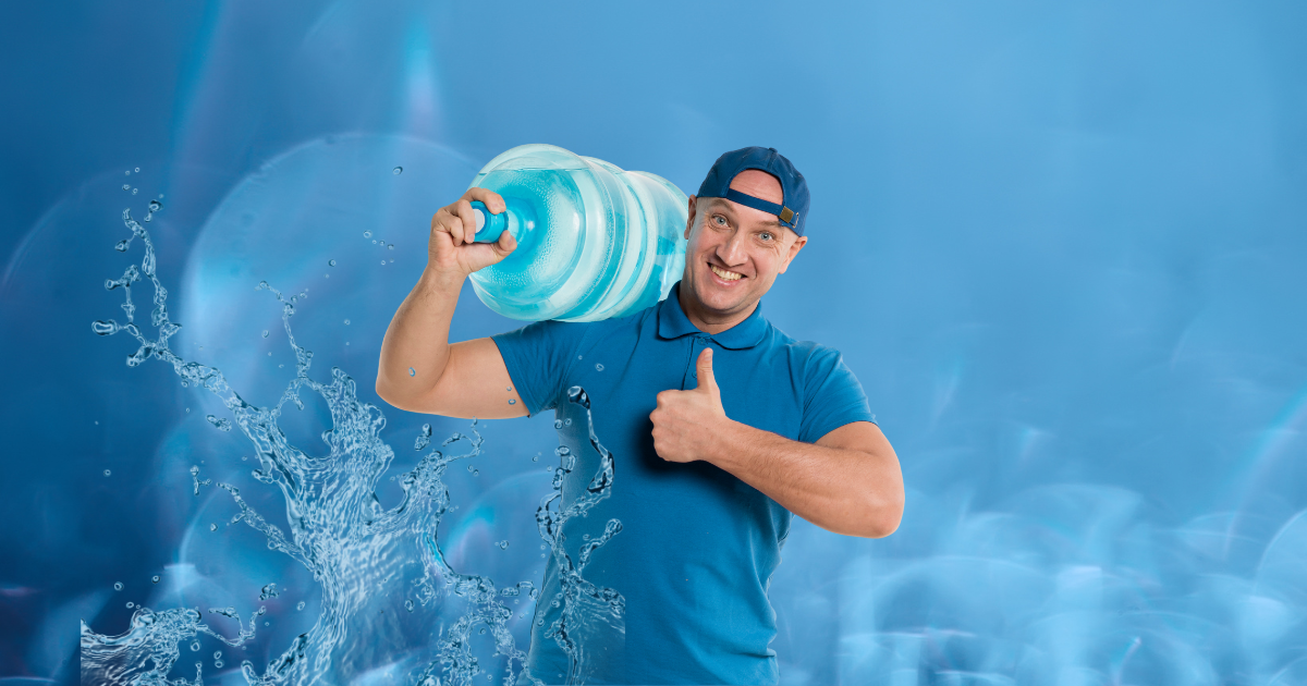 A man smiles while holding a water bottle and giving a thumbs up, conveying positivity and hydration.