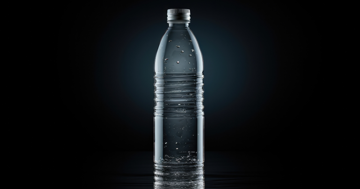Simple bottle of water, filled and glistening, resting on a table with a soft background.