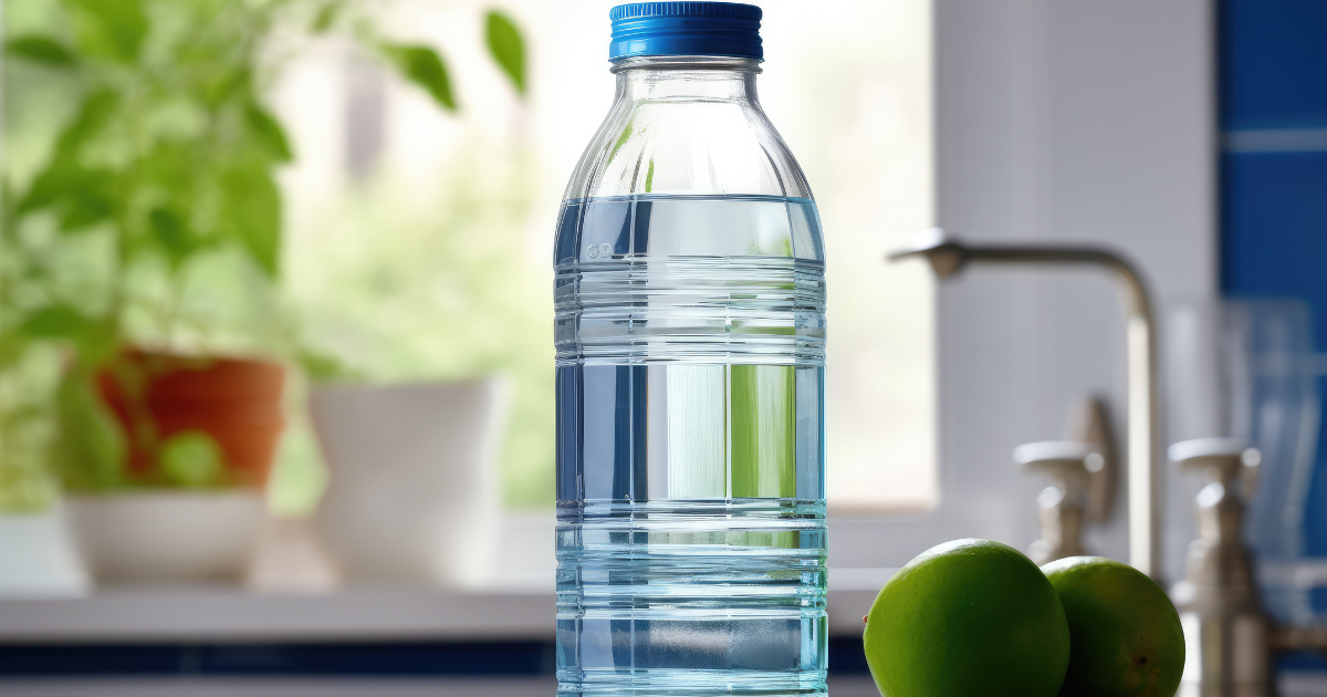 A clear bottle of water placed on a kitchen counter, reflecting light in a bright and clean kitchen environment.