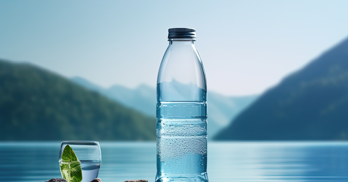 A water bottle with ocean background.