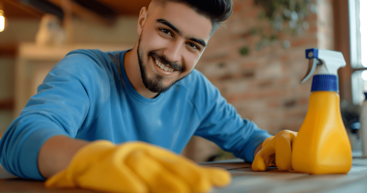 A man ready to clean the copper water bottle by using commercial cleaners.