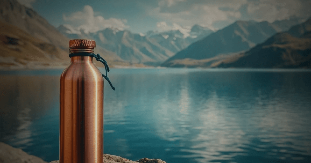 A copper water bottle with beautiful background of lake.