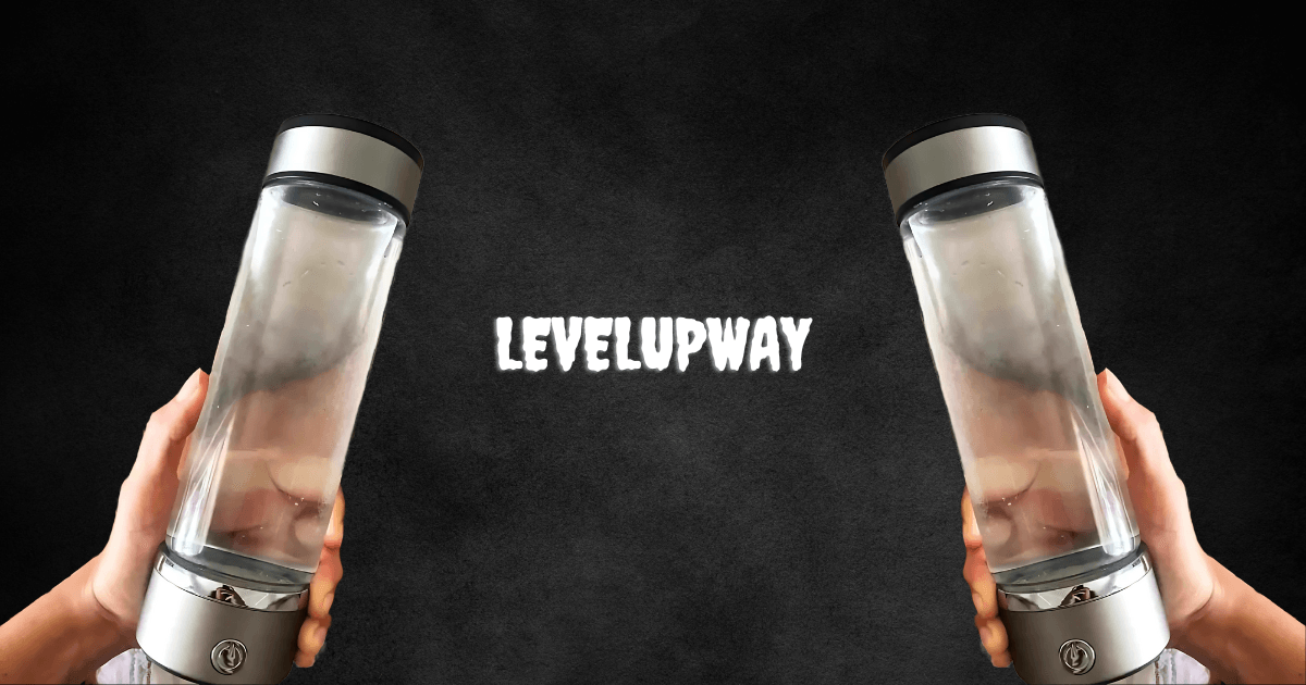 Two hands grasping water bottles labeled "Level Up," symbolizing hydration and motivation for personal growth.