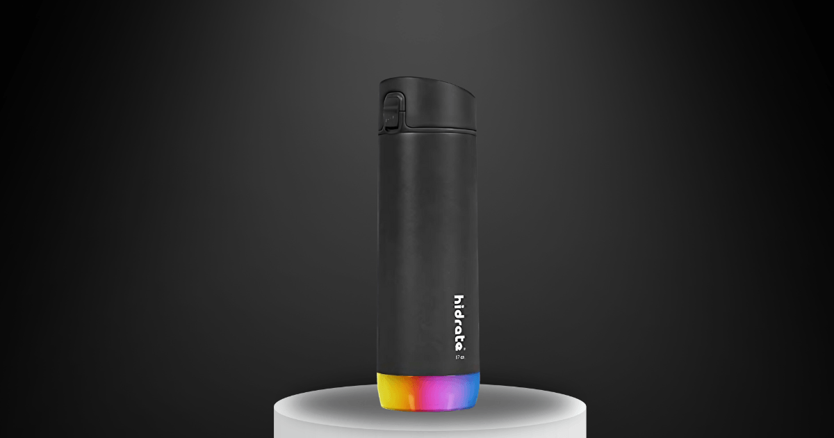 A black water bottle featuring a vivid rainbow flame, illustrating a bold and artistic representation of fire.