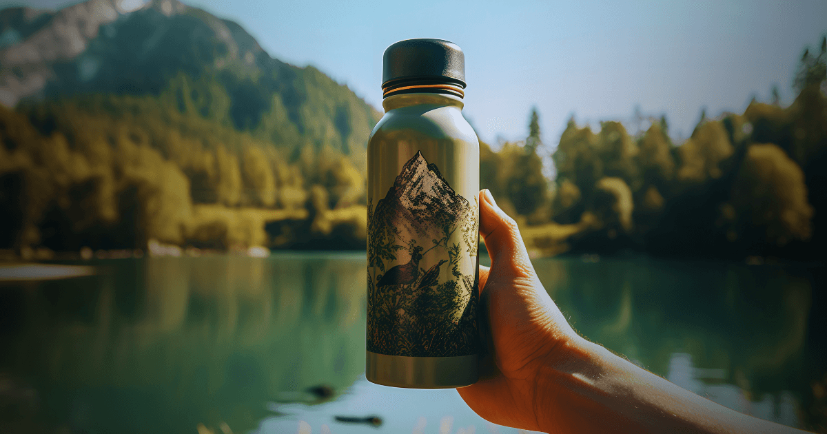 A person holds a water bottle featuring a scenic mountain landscape, emphasizing outdoor adventure and hydration.