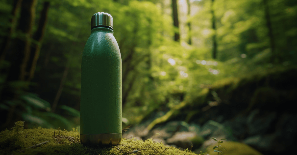A green water bottle positioned on moss in a forest, emphasizing the connection between outdoor activities and nature.