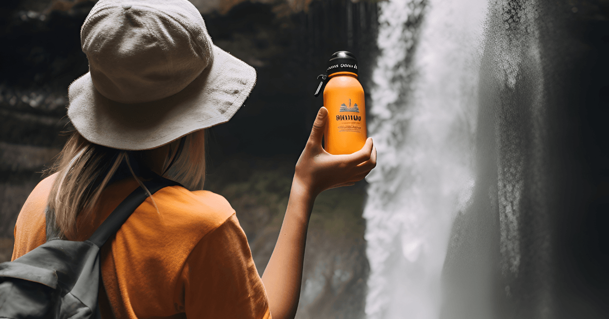 A woman stands beside a waterfall, holding an orange bottle, surrounded by lush greenery and cascading water.