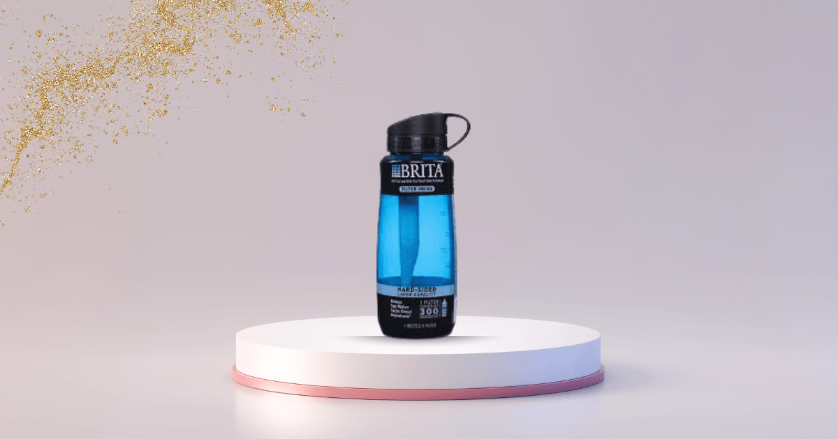 A blue water bottle featuring a gold cap at the top, showcasing a sleek and modern design.