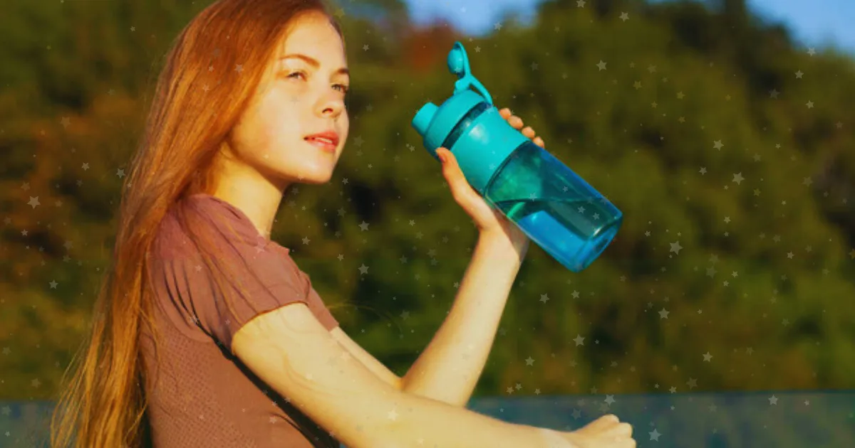 In the rain, a woman grips a water bottle, symbolizing perseverance and vitality despite the stormy conditions.