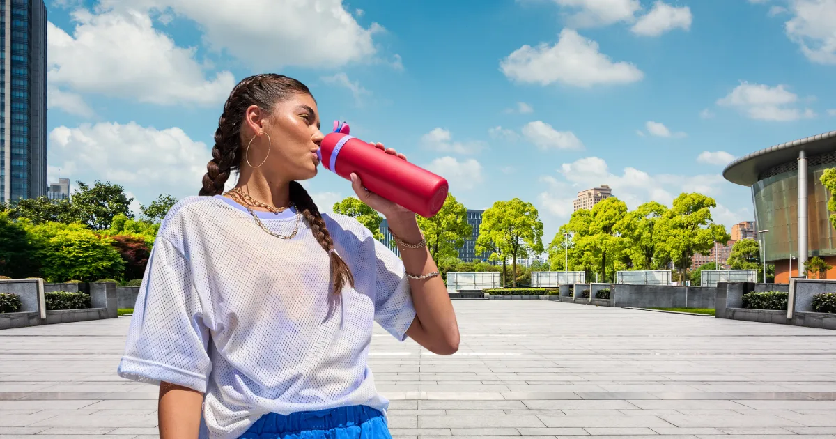 A woman with braided hair drinks from an Owala water bottle. She is wearing a white mesh top and blue pants, standing in a sunny open plaza with green trees and modern buildings in the background, finding the perfect hydration solution for her active day.