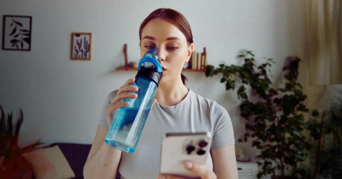 A woman is seen drinking water from a bottle, with her cell phone in hand, highlighting a blend of hydration and connectivity.