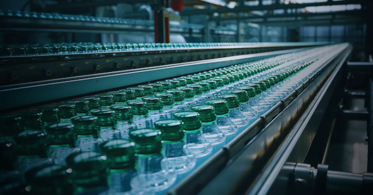 A factory conveyor belt transporting water bottles, illustrating the automated manufacturing process.