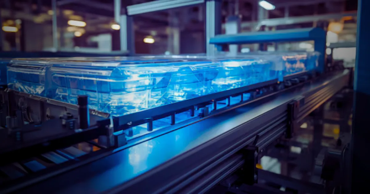 A conveyor belt displaying plastic containers, specifically water bottles, moving through a processing facility.